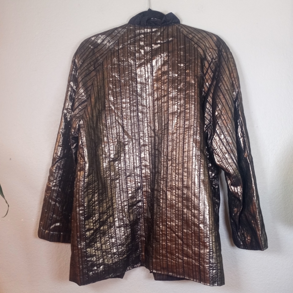 Cinzia Ruggieri Vintage Quilted Pinstriped Black Gold Silk Ruffled Trim Blazer L - Picture 4 of 8